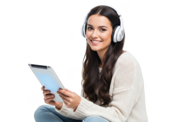 Young woman wearing white headphones and holding a tablet computer while smiling and looking towards the viewer isolated on transparent background