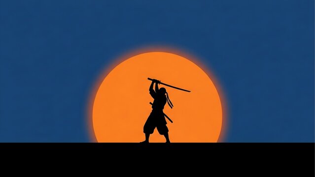 Ninja silhouette with katana sword against sunset background warrior martial arts illustration art