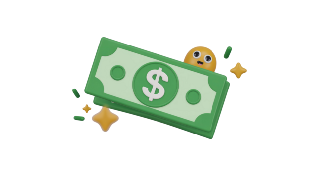 A delighted yellow character peeks from behind a stack of green dollar bills, surrounded by sparkling stars and currency accents, representing finance and wealth. background removed