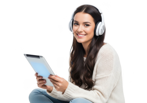 Young woman wearing white headphones and holding a tablet computer while smiling and looking towards the viewer isolated on transparent background