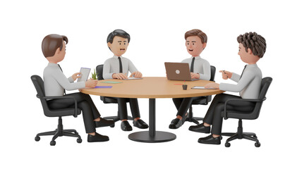 Four 3D cartoon businessmen in suits hold a lively round table meeting, utilizing laptops, tablets, and papers for discussion and collaboration. background removed