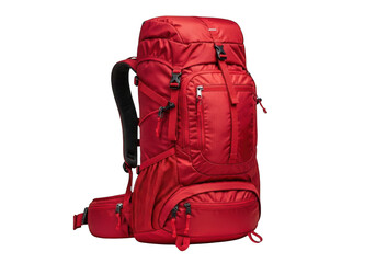 Vibrant red backpack designed for extended journeys and adventure travel with multiple compartments and straps for gear organization isolated on transparent background