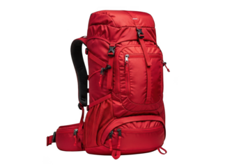 Vibrant red backpack designed for extended journeys and adventure travel with multiple compartments and straps for gear organization isolated on transparent background