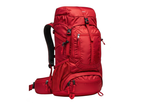 Vibrant red backpack designed for extended journeys and adventure travel with multiple compartments and straps for gear organization isolated on transparent background