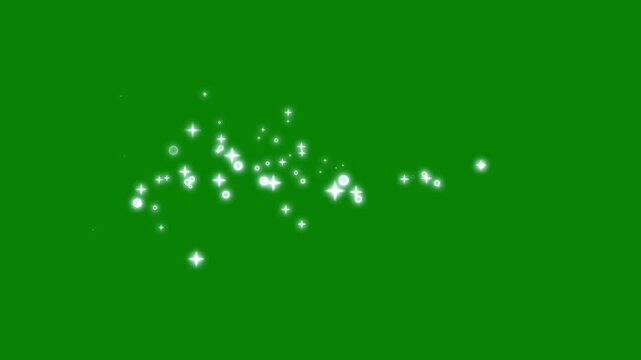 A seamless 4K animation of twinkling glitter stars with fast line glitter motion, white cartoon blinking stars, and flat vector doodle shimmer particles tracing a star path over a green background