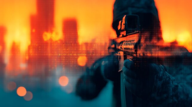 A silhouette of a person holding a weapon against a vibrant, digitally enhanced cityscape background filled with binary code.