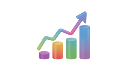 Colorful 3D bar chart with an upward trend arrow, visualizing growth, data analysis, and positive financial progress. Dynamic business success icon. background removed
