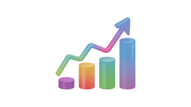 Colorful 3D bar chart with an upward trend arrow, visualizing growth, data analysis, and positive financial progress. Dynamic business success icon. background removed