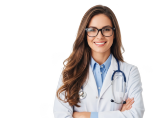 Portrait of a smiling female medical professional wearing glasses and a white lab coat with a stethoscope isolated on transparent background