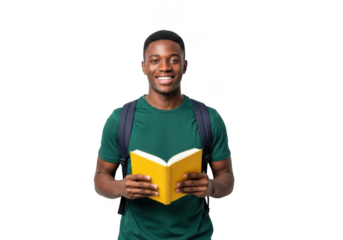 A smiling young black man wearing a green t shirt and backpack holds an open yellow book isolated on transparent background