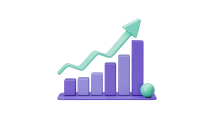 A 3D bar chart illustrates increasing growth and positive progress with an upward arrow and a teal sphere. background removed