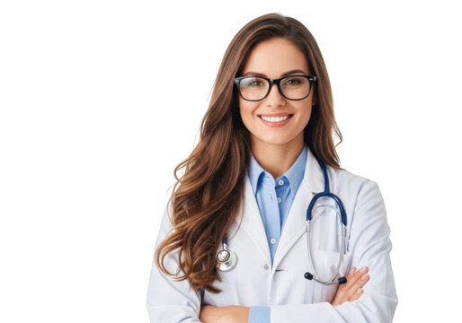 Portrait of a smiling female medical professional wearing glasses and a white lab coat with a stethoscope isolated on transparent background