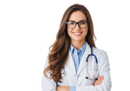 Portrait of a smiling female medical professional wearing glasses and a white lab coat with a stethoscope isolated on transparent background