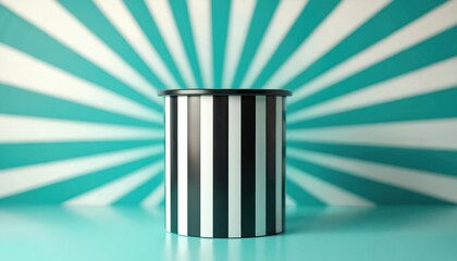 Black white striped rubbish cylinder stands on vivid teal surface. Bold graphic sunburst pattern creates dynamic background. Minimalist design combines modern clean lines with retro pop art style for