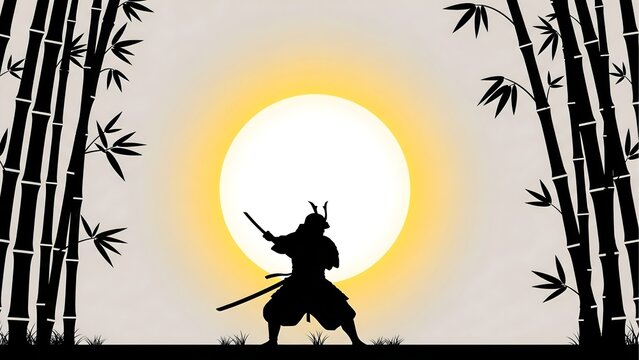 Samurai warrior silhouette with sword against rising sun and bamboo forest background vector illustration art