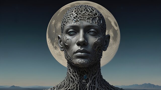 statue of man face with moon background