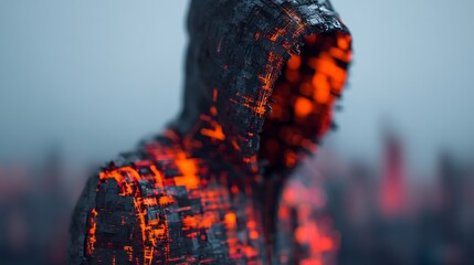 A mysterious figure in a hooded jacket composed of digital patterns, illuminated by glowing orange elements against a blurred urban backdrop.
