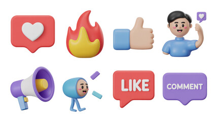 A vibrant 3D collection of social media engagement icons including like, love, fire, comment, and sharing symbols, along with expressive characters. background removed