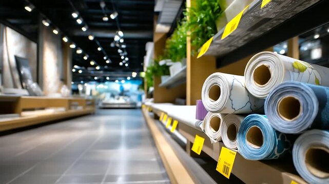 Defocused view of renovation materials aisle with rolls of wallpaper and tile samples, soft lighting creating depth, with copy space.