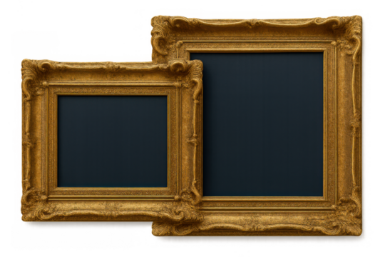 Ornate antique baroque gold picture frame with empty space, elegant gold leaf frame for decoration and art, transparent background