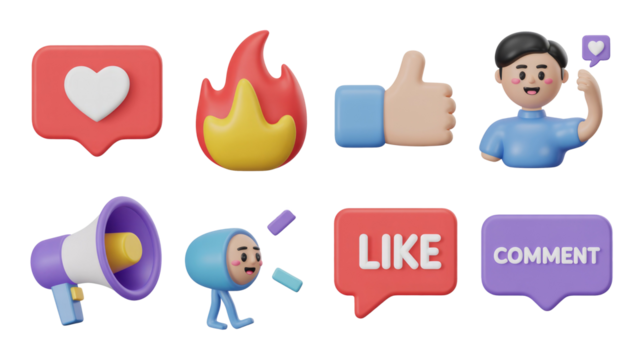 A vibrant 3D collection of social media engagement icons including like, love, fire, comment, and sharing symbols, along with expressive characters. background removed