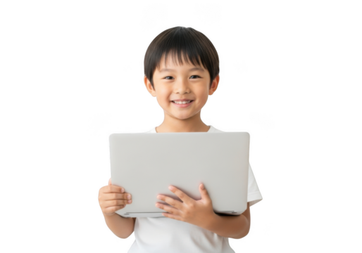 Young asian boy with a bright smile holding a blank white paper sheet in his hands isolated on transparent background