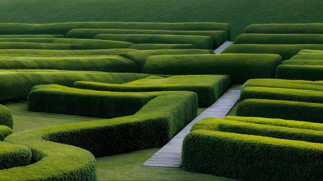 Green maze with trimmed hedges and stone pathway in garden  
