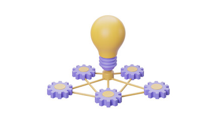 A vibrant 3D rendering of a yellow light bulb connected to five purple gears, illustrating interconnected ideas, innovation, and collaborative processes. background removed