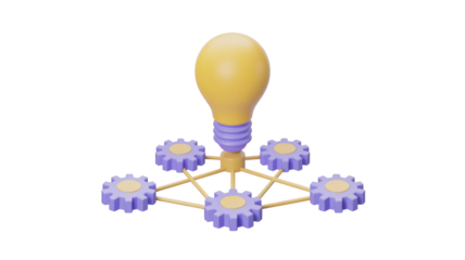 A vibrant 3D rendering of a yellow light bulb connected to five purple gears, illustrating interconnected ideas, innovation, and collaborative processes. background removed