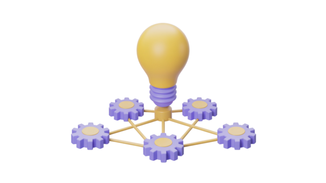 A vibrant 3D rendering of a yellow light bulb connected to five purple gears, illustrating interconnected ideas, innovation, and collaborative processes. background removed