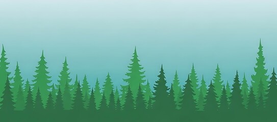 Fototapeta premium Minimalist illustration of a serene evergreen forest under a soft gradient sky, depicting a peaceful natural landscape with tall pine trees in varying shades of green