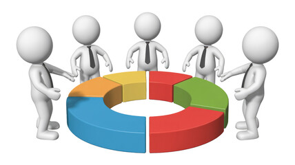 Five 3D business figures stand around a colorful pie chart, representing data analysis, teamwork, or strategy. background removed