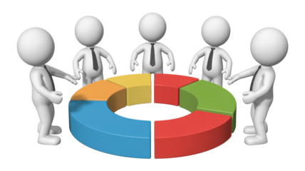 Five 3D business figures stand around a colorful pie chart, representing data analysis, teamwork, or strategy. background removed