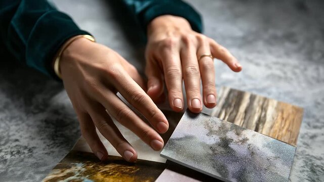 Faceless person&rsquo;s hands touching textured wallpaper samples, background softly blurred for depth, with copy space.