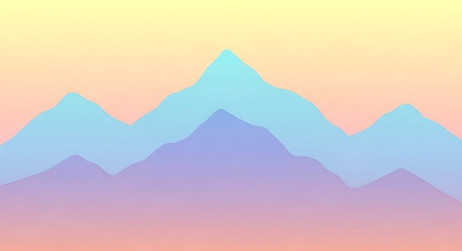 A tranquil and minimalist illustration of a mountain range silhouette against a soft, dreamy pastel gradient sky at sunset or sunrise - Powered by Adobe