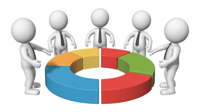 Five 3D business figures stand around a colorful pie chart, representing data analysis, teamwork, or strategy. background removed