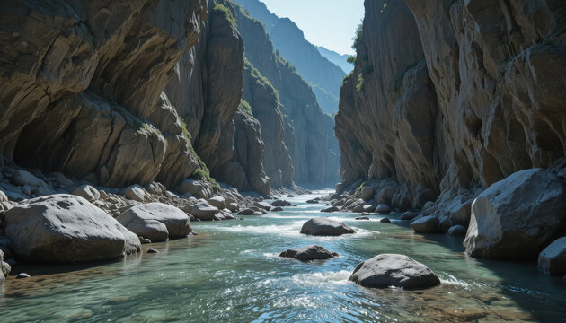 River flowing through rocky canyon with mountain views