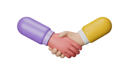 A vibrant 3D rendering of two stylized hands, one purple-sleeved and one yellow-sleeved, shaking hands, symbolizing partnership or agreement. background removed