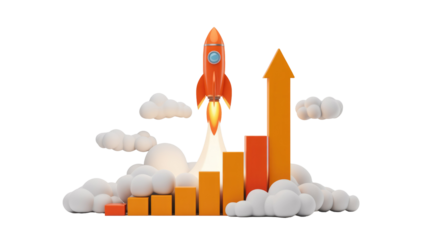 A 3D rendered rocket launches alongside an escalating bar graph with an upward arrow, symbolizing business growth, startup success, and financial progress. background removed