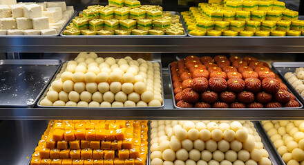 An assortment of colorful indian sweets displayed on shelves, showcasing the variety and richness of traditional confectionery with vibrant colors and textures, tempting the viewer