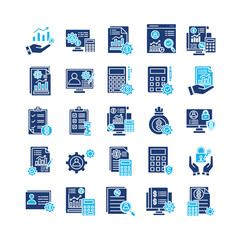 Account management icon set collection. Containing invest, calculate, value, profit, report, earnings, management .Solid vector icons collection