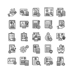 Account management icon set collection. Containing invest, calculate, value, profit, report, earnings, management .Line vector icons collection