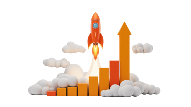 A 3D rendered rocket launches alongside an escalating bar graph with an upward arrow, symbolizing business growth, startup success, and financial progress. background removed