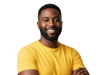 A smiling black man with a beard wearing a bright yellow t shirt with his arms crossed isolated on transparent background