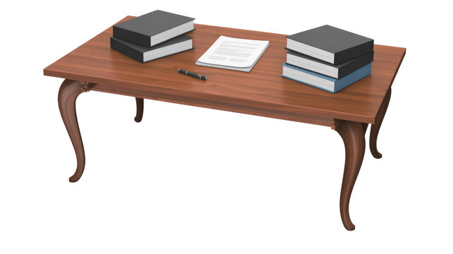 Classic wooden desk with stacks of books, a document, and a pen, on a transparent background for professional use. background removed