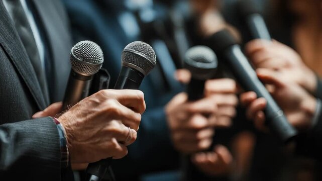 Close up view of journalists holding microphones during a press conference in a multi-purpose venue in the early afternoon