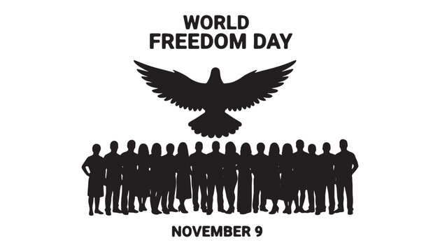 World freedom day silhouette of dove and people on november 9