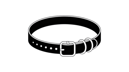 A black dog collar with a silver buckle and two metal rings, presented as a simple line art illustration on a solid background. background removed