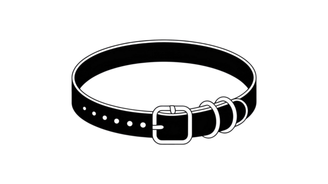 A black dog collar with a silver buckle and two metal rings, presented as a simple line art illustration on a solid background. background removed