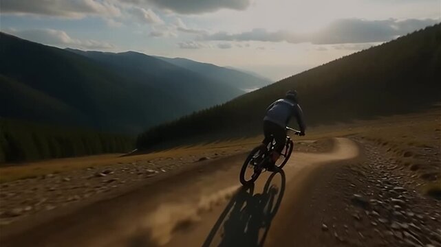 Mountain Trail Rider Cycling Downward on Dusty Path Among Trees
